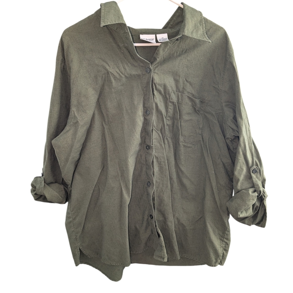 Liz Baker Army Green Linen Button Up- EUC